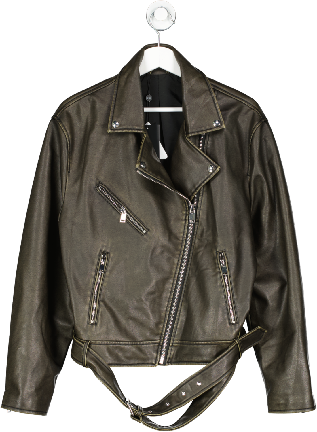 Ego Buckle Belt Detail Cropped Biker Jacket In Distressed Brown Faux Leather UK 10