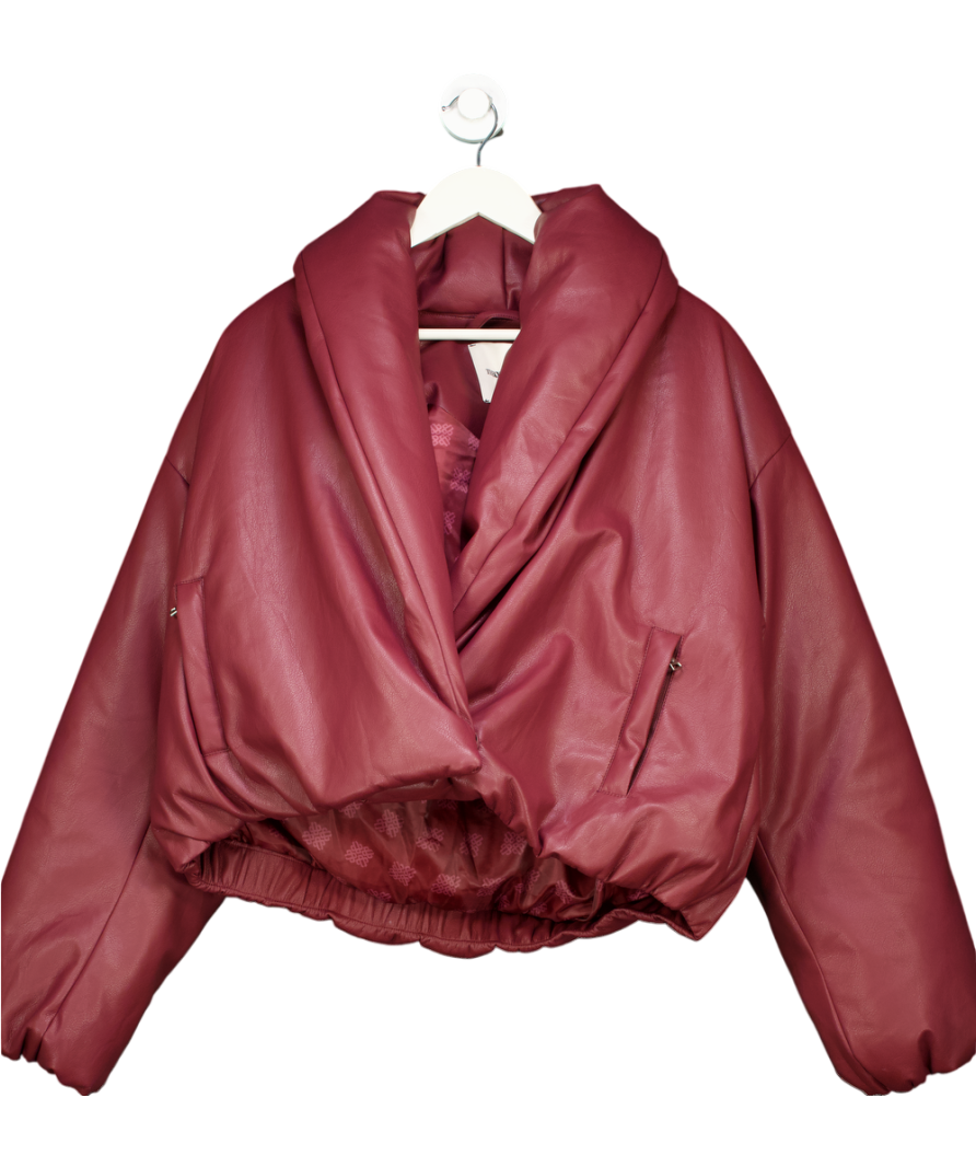 The Couture Club Oversized Collar Faux Leather Puffer Coat - Burgundy UK 10