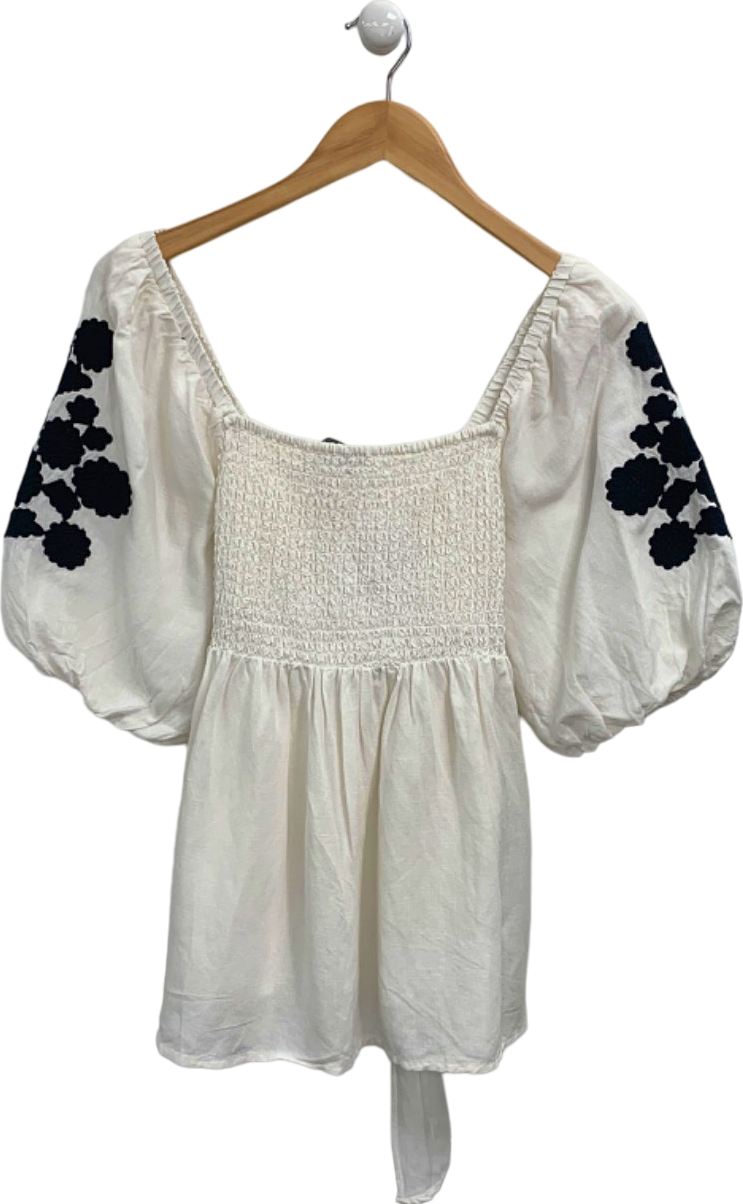 Mint Velvet White Smocked Embroidered Blouse UK M