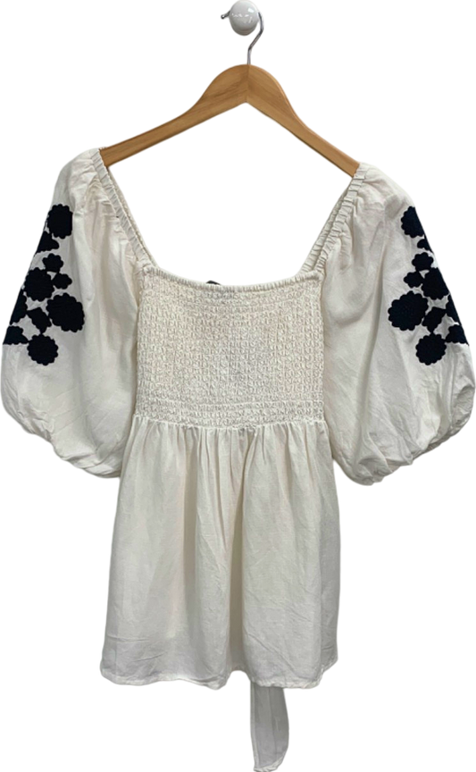 Mint Velvet White Smocked Embroidered Blouse UK M