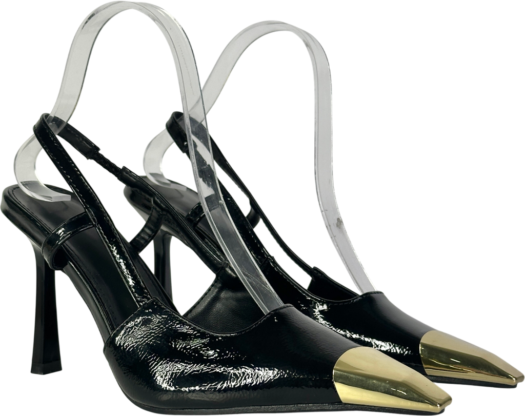 Black Patent Faux Leather Gold Capped Heels UK 4 EU 37