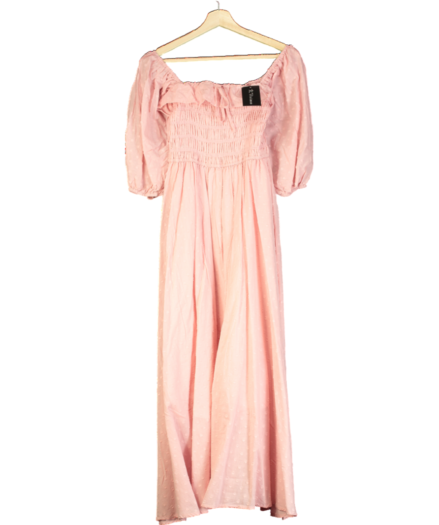 R.Vivimos Pink Square Neck Puff Sleeve High Waist Midi Dress UK M