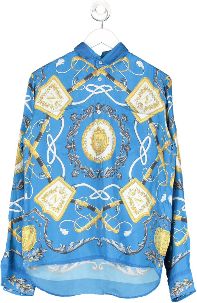 Dolce & Gabbana Blue Harnes Print Long Sleeve Shirt, 100% Silk UK M