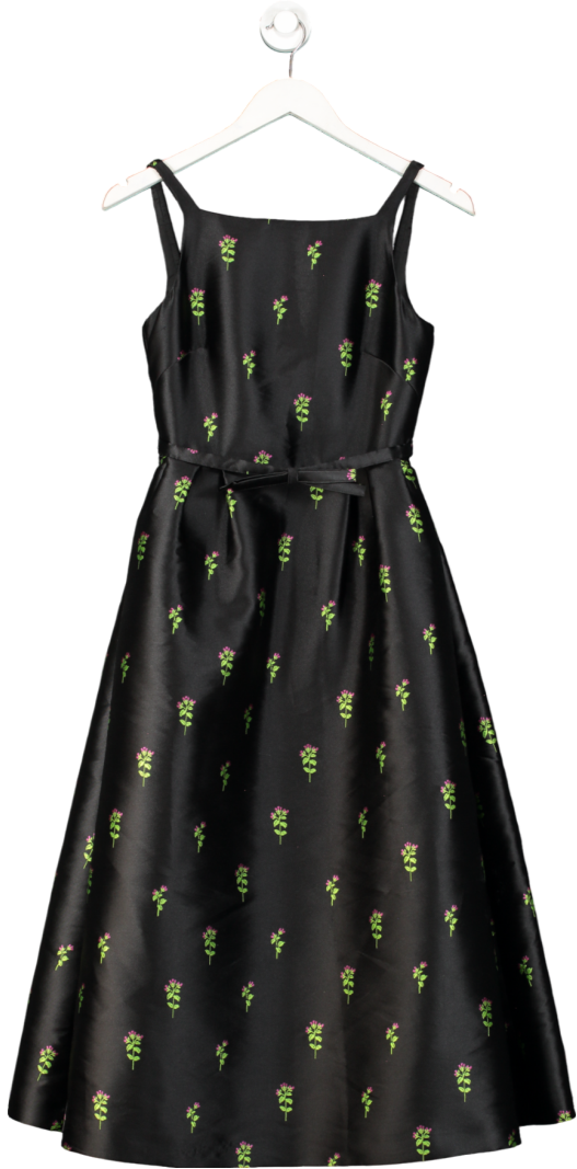 LK Bennett Black Embroidered Floral Satin Midi Dress With Bow Belt UK 6