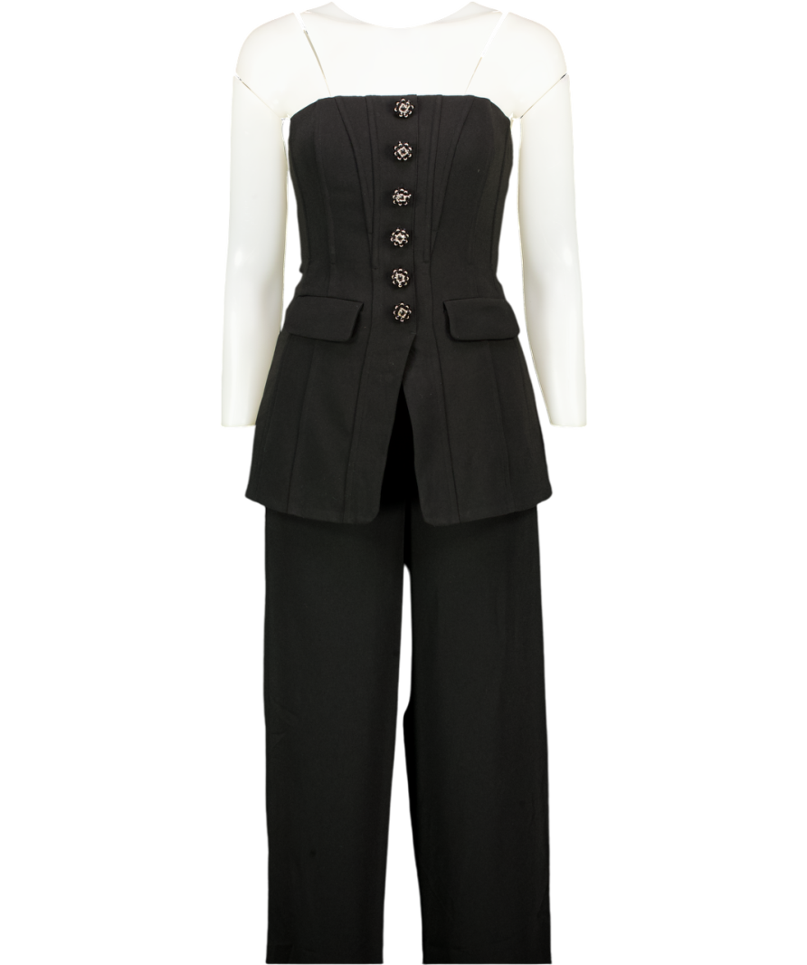 Self-Portrait Black Bandeau Crepe Jumpsuit With Embellished Button Detail UK 6