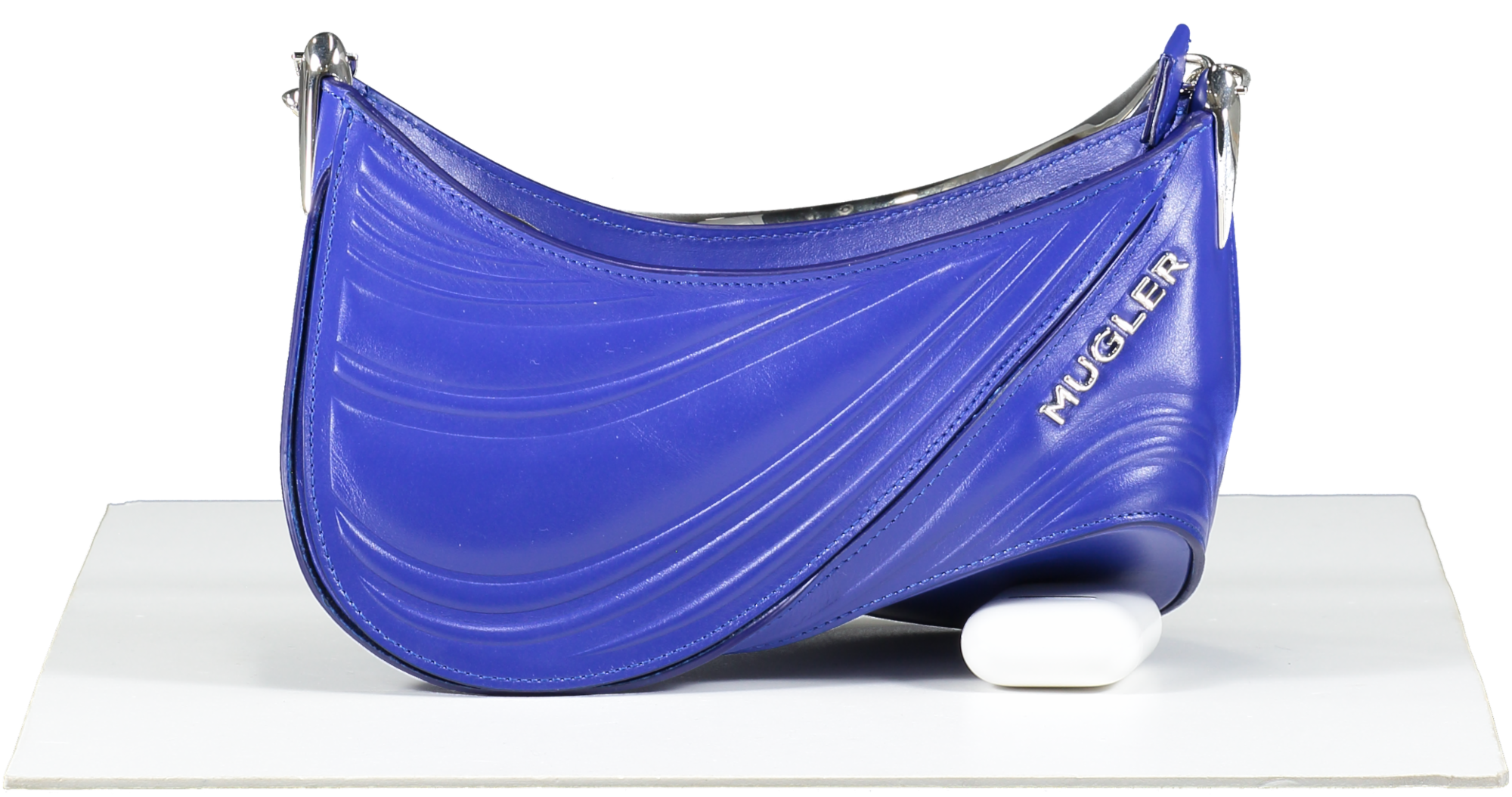 Mugler Blue Mini Embossed Leather Spiral Curve Bag