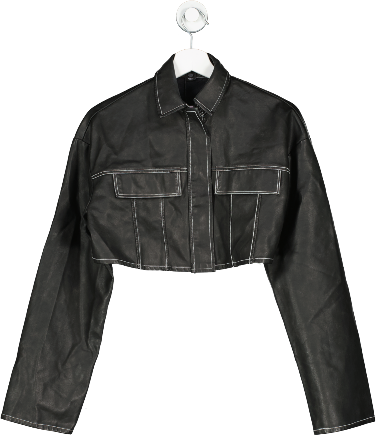 PrettyLittleThing Black Faux Leather Boxy Cropped Pocket Detail Jacket UK 10
