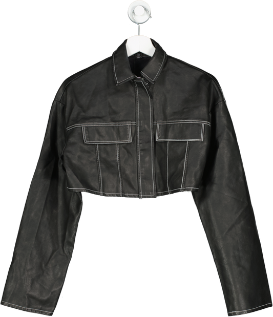PrettyLittleThing Black Faux Leather Boxy Cropped Pocket Detail Jacket UK 10
