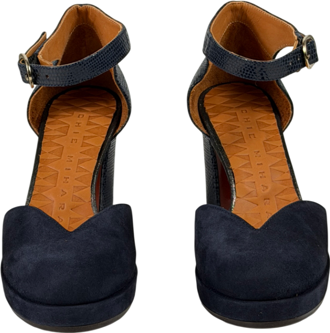 CHIE MIHARA Jo Maho Navy Blue Suded & Leather Block Heel Mary Jane Pumps UK 3 EU 36