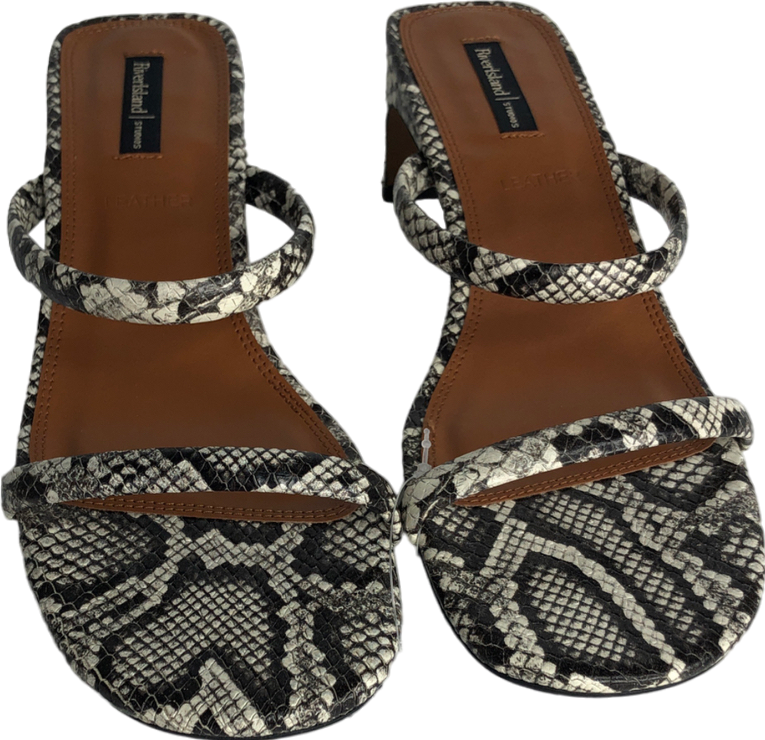 River Island Black Beige Leather Kitten Heel Mule Sandals UK 7 EU 40 👠
