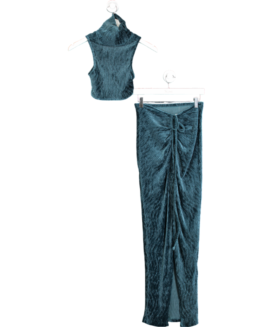 Blue Velvet Ribbed Top & Maxi Skirt Set UK S