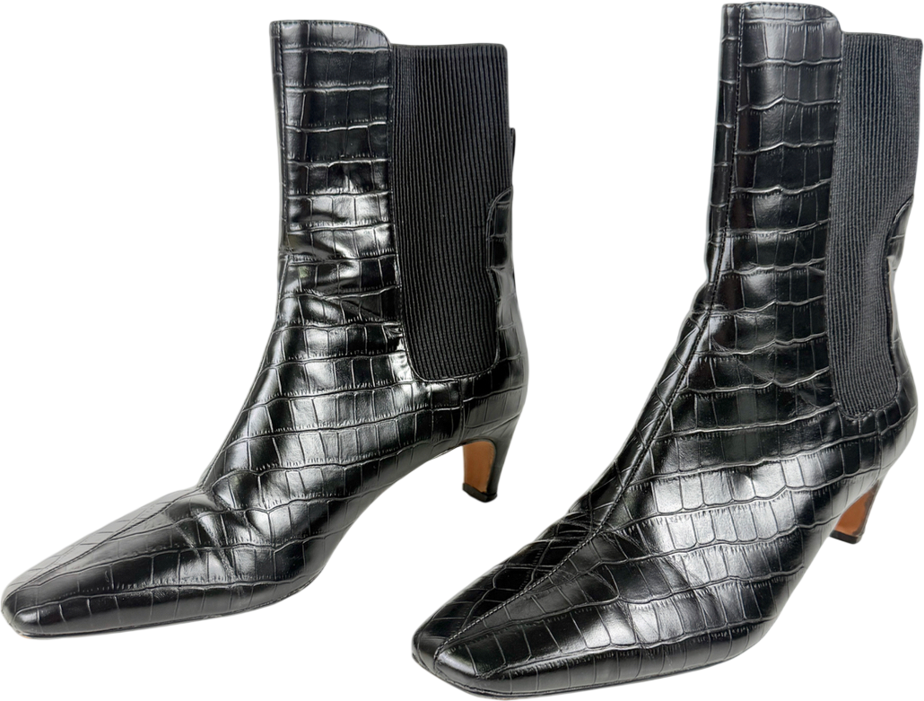 River Island Black Faux Leather Croc Low Heel Ankle Boot UK 5 EU 38