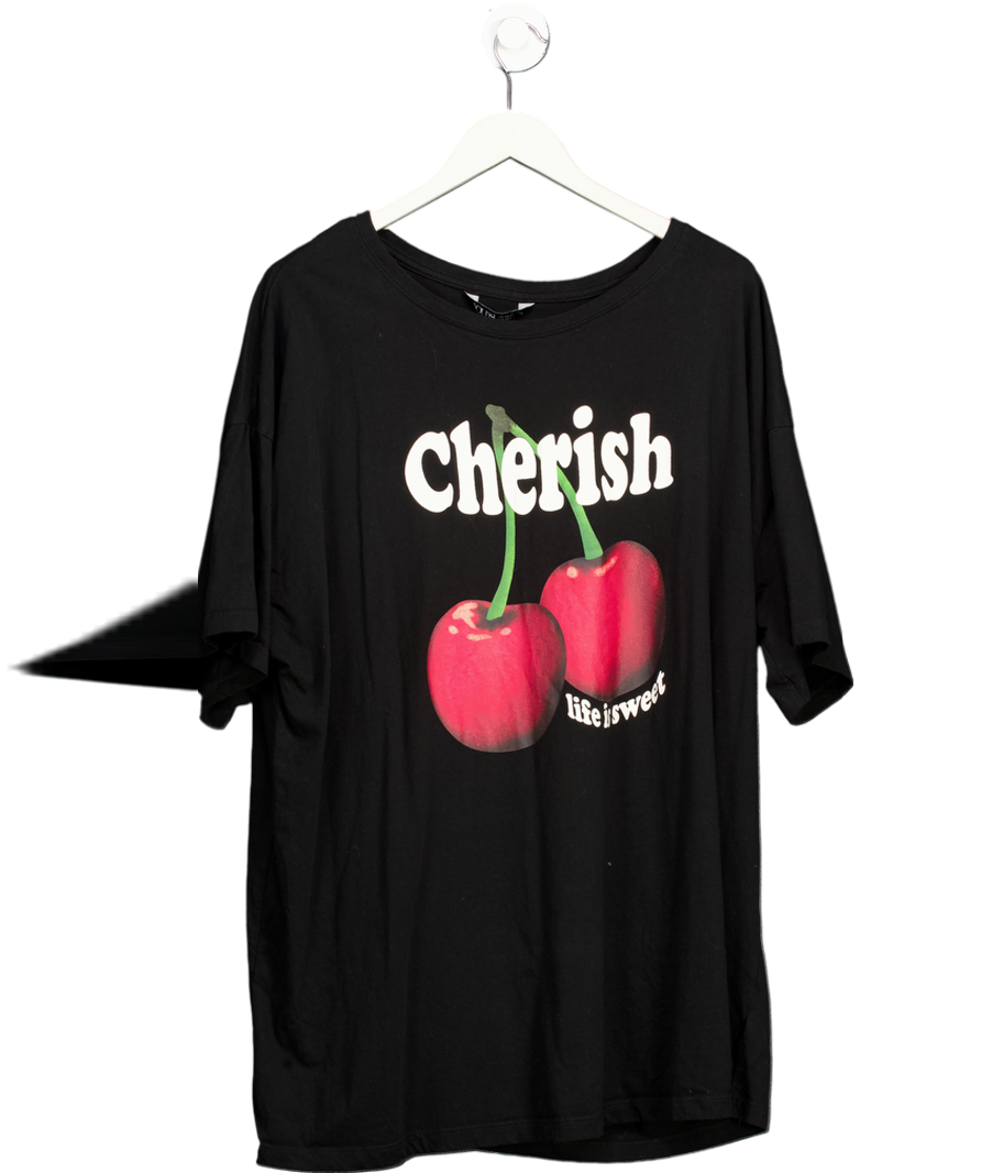 Yours Black Curve 'cherish' Cherry Slogan T-shirt UK 22