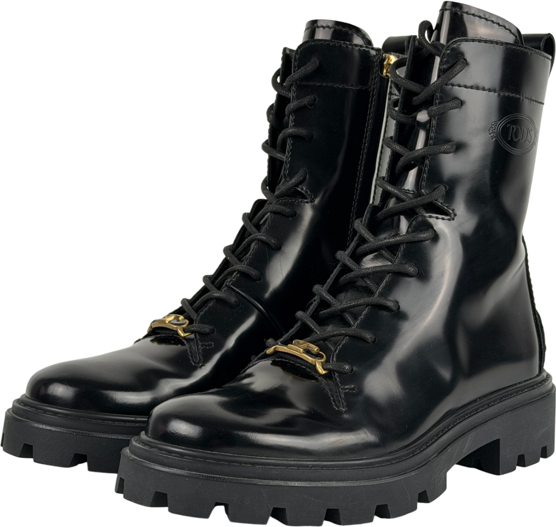 Tod's Black Embellished Glossed-leather Combat Boots UK 4 EU 37 👠