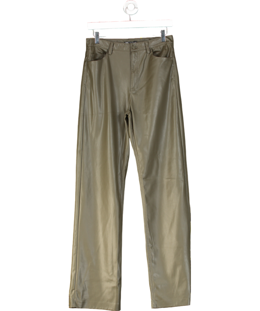 ZARA Olive Green Full Length Faux Leather Trousers UK XS
