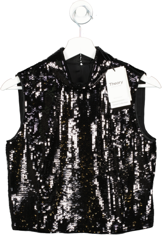 Theory Black Cropped Roll Neck Top In Recycled Sequins UK 4