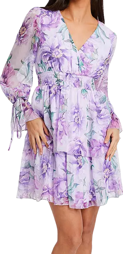 QUIZ Purple Lilac Chiffon Floral Tiered Long Sleeve Mini Dress UK 10