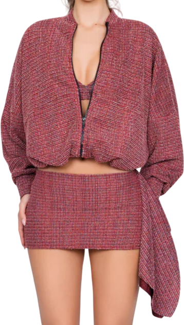 COUCOO 2-piece Red Merano Tweed Bomber Jacket (uk Xl) And Mini Skirt Set UK M