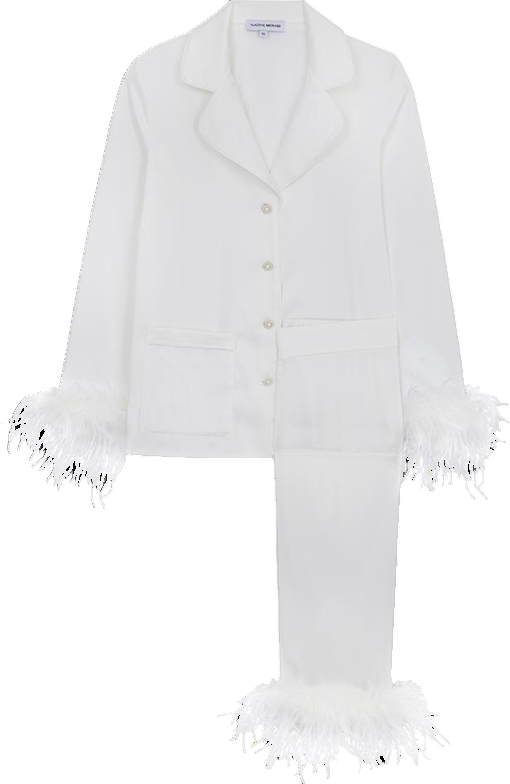 Nadine Merabi Darcie White Satin Embellished Pearl Button Satin Feather Trim Pyjamas UK S