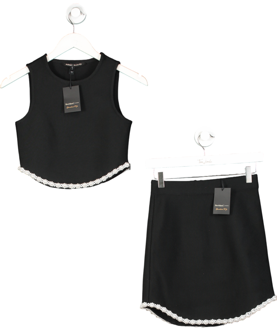 River Island Black Sleeveless Pearl Hem Crop Top And Mini Skirt UK 6