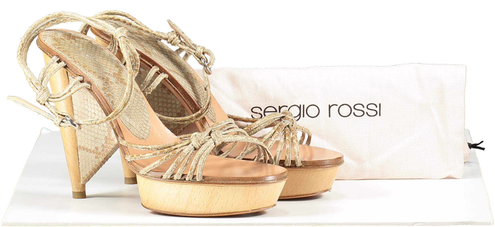 sergio rossi Beige Python Wooden Heeled Sandals UK 3.5 EU 36.5 👠