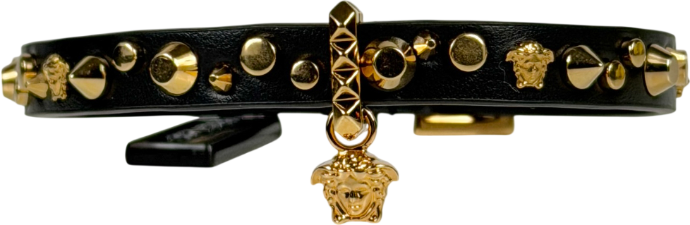 VERSACE Black / Gold Medusa Studded Leather Choker Necklace in Box