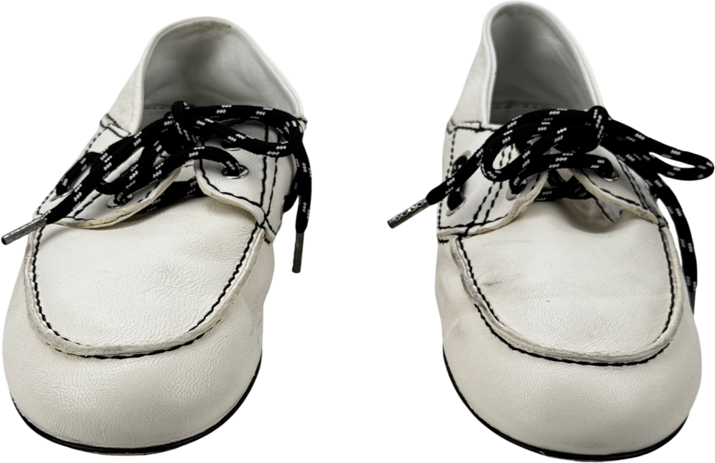 SANDRO White Contrast-lace Foldable-heel Leather Boat Shoes UK 4 EU 37 👠