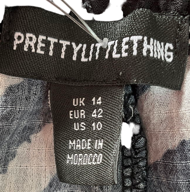 PrettyLittleThing White Black Swirl Print Woven Elasticated Waist Wide Leg Trousers UK 14