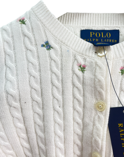 Polo Ralph Lauren White 100% Cotton Cable Knit Cardigan With Embroidered Logo And Flowers BNWT 6 Years