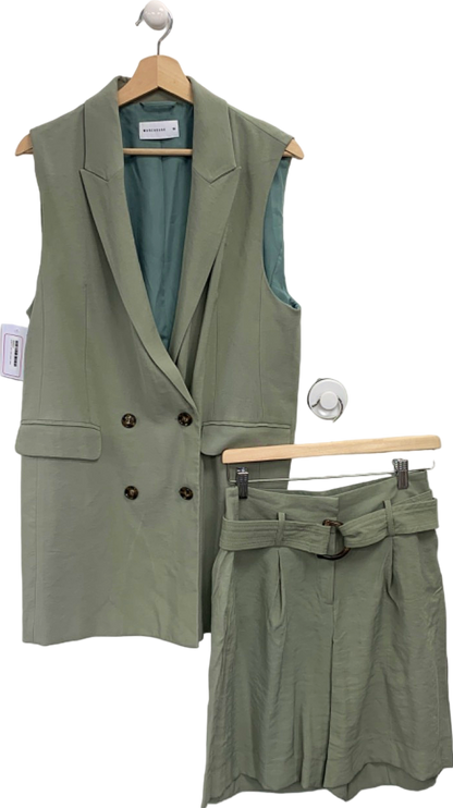 Warehouse Sage Green Double-Breasted Sleeveless Blazer and Summer Shorts Set UK 10