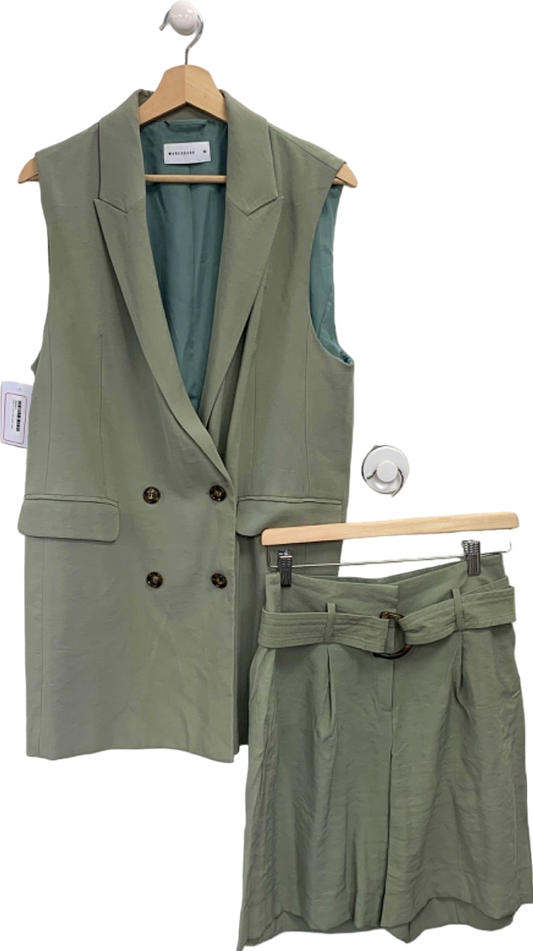 Warehouse Sage Green Double-Breasted Sleeveless Blazer and Summer Shorts Set UK 10