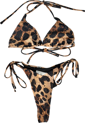 Brown Leopard Print Studded Bikini UK S