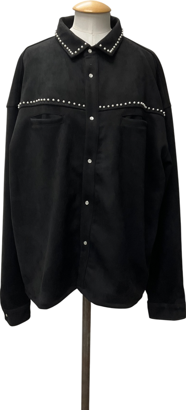 boohooMan Black Oversized Western Faux Suede Embellished Overshirt UK XL