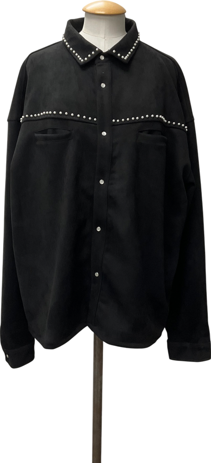 boohooMan Black Oversized Western Faux Suede Embellished Overshirt UK XL