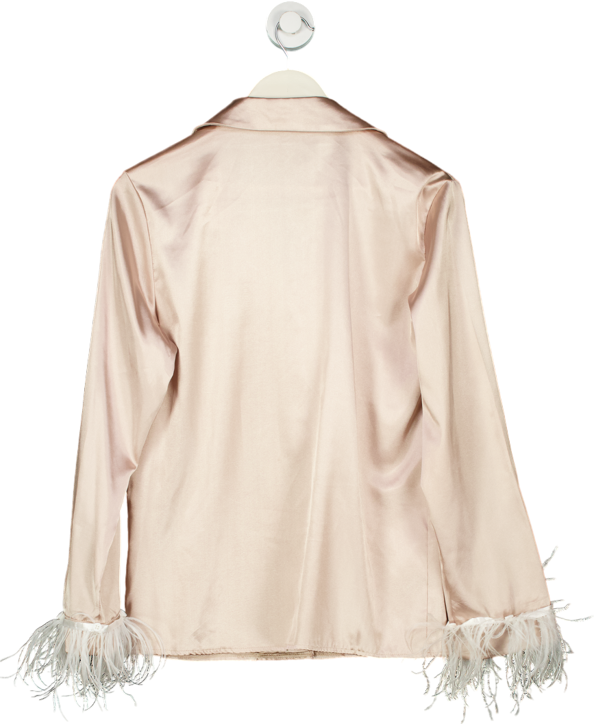 Pink satin feather trim shirt UK S