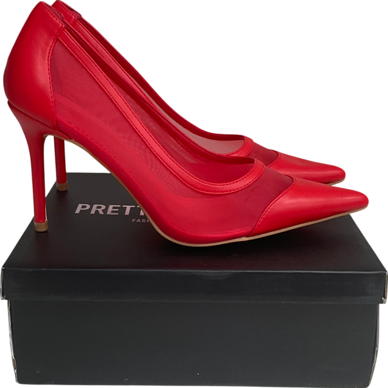 PrettyLittleThing Red Mesh Wide Fit Point Toe Contrast High Stiletto Court Heels UK 8 EU 41 👠