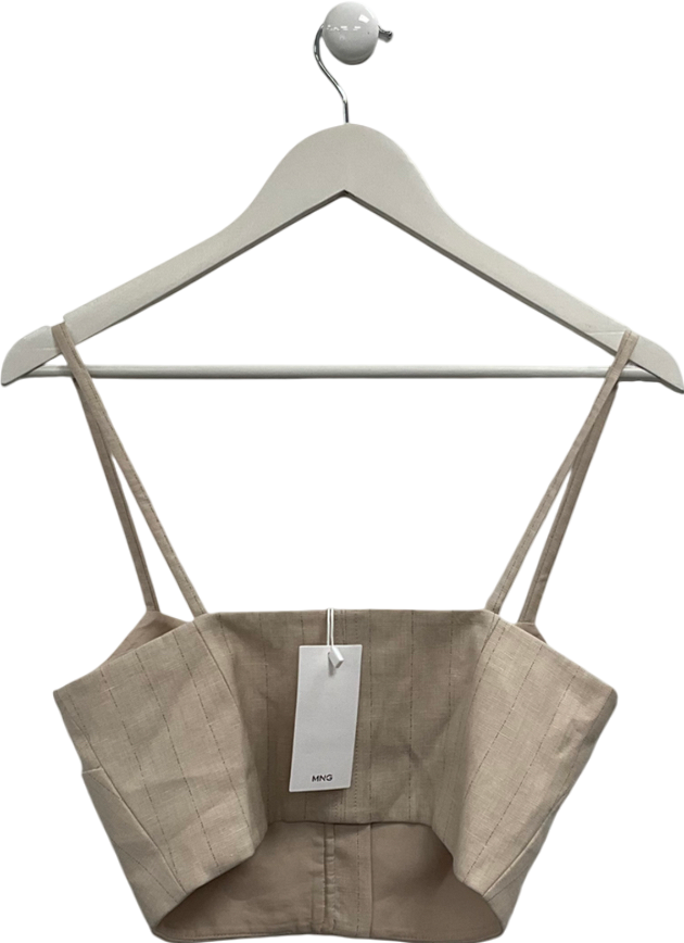 MANGO Beige Pinstripe Linen Blend Crop Top UK S