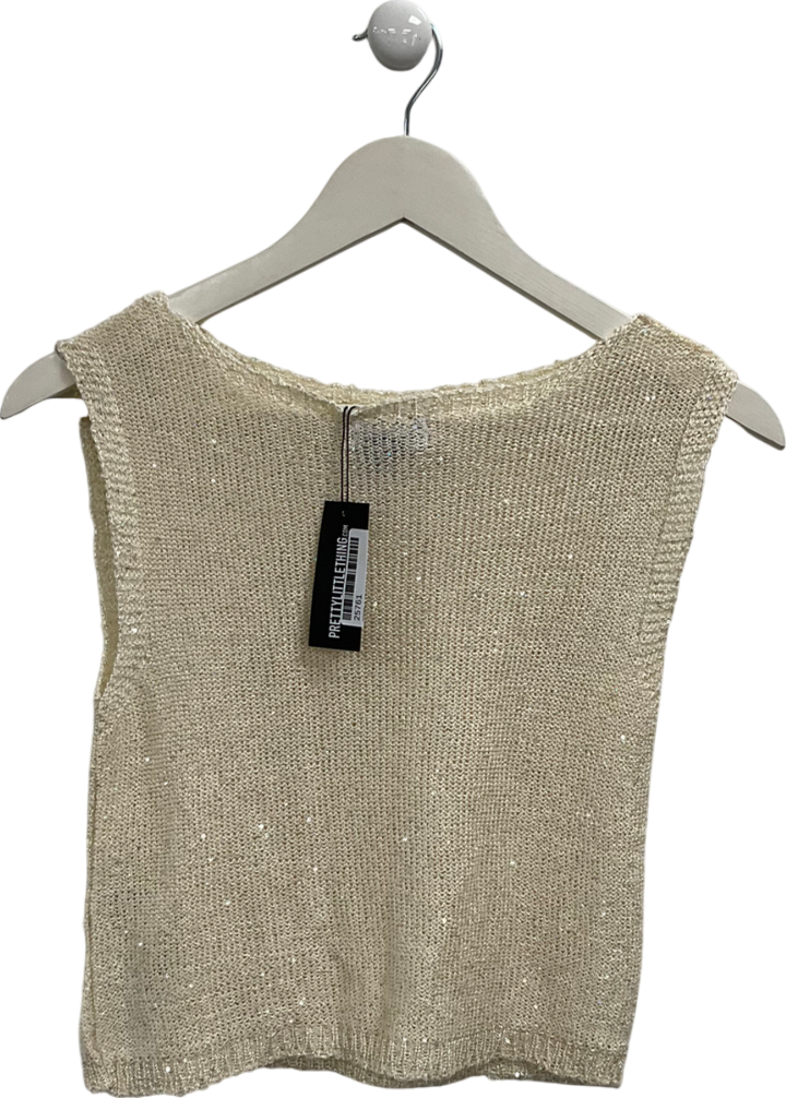 PrettyLittleThing Cream Sequin Knit Racer Neck Vest UK M
