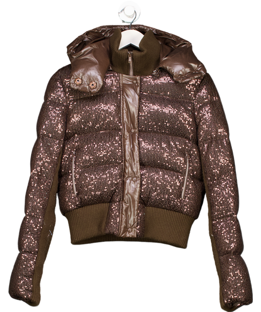 Pinko Chocolate Brown Sequin Puffer Coat UK 12