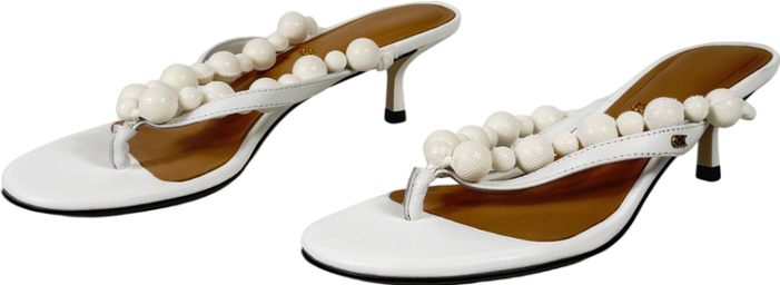 Charles & Keith White Leather Beaded Thong Kitten Heels - Chalk UK 4 EU 37