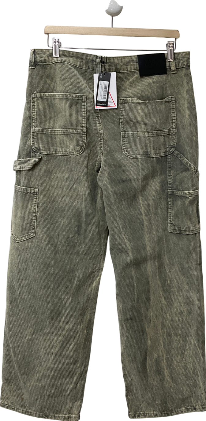 boohooMan Green Baggy Rigid Acid Wash Cord Trousers W34