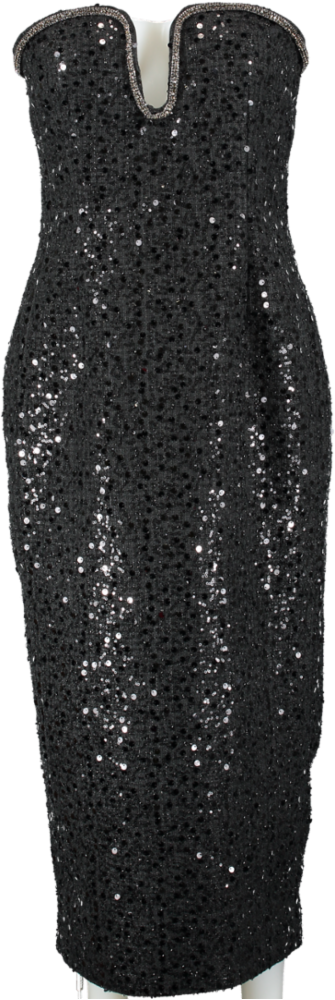 Self-Portrait Black Sequin-embellished Boucle Midi Dress UK 12