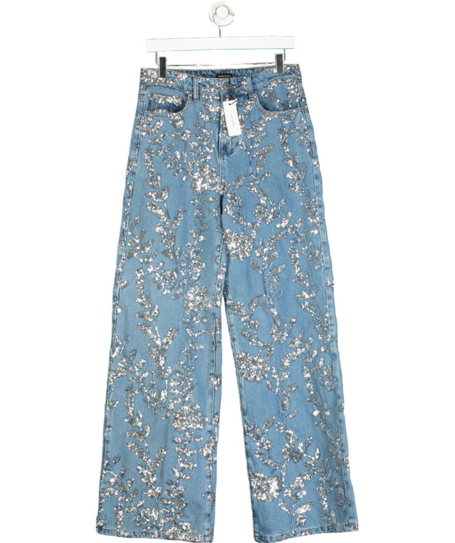 Karen Millen Blue Denim All Over Floral Sequin Wide Leg Trousers UK 10