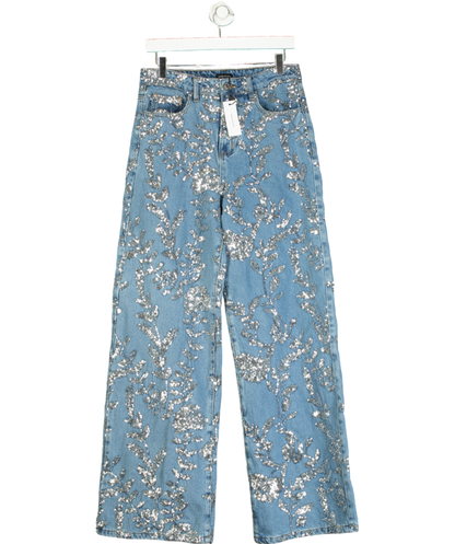 Karen Millen Blue Denim All Over Floral Sequin Wide Leg Trousers UK 10