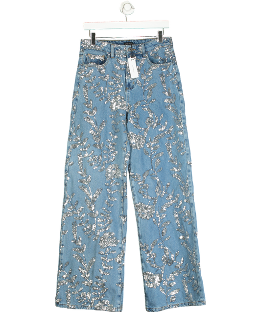 Karen Millen Blue Denim All Over Floral Sequin Wide Leg Trousers UK 10