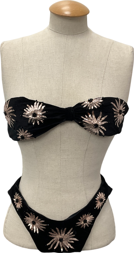 ocean swim Black Embroidered Sequin Bandeau Bikini Top And Bottoms UK XS/S