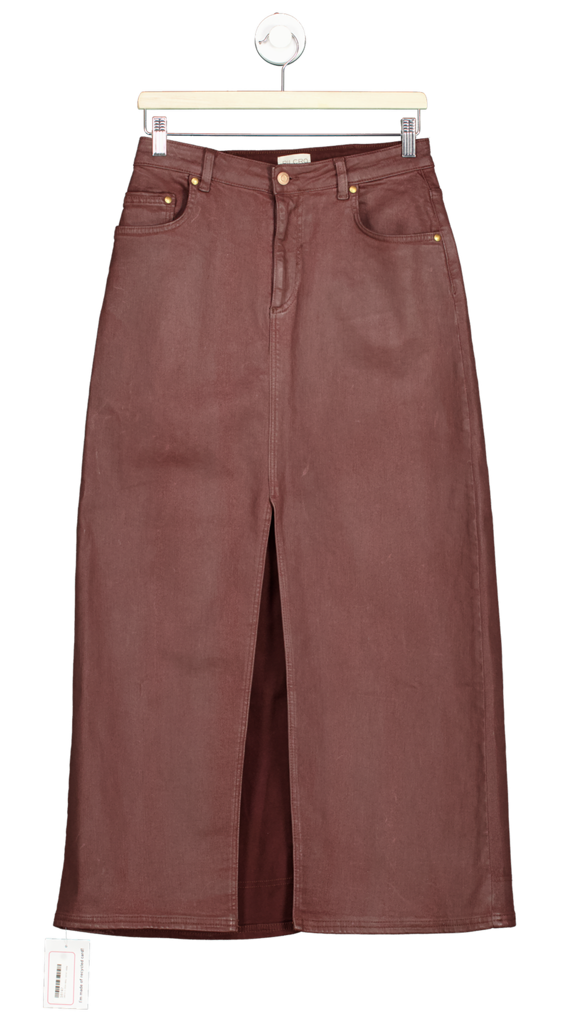 Anthropologie Pilcro Burgundy Denim Midi Coated Skirt Size UK 12