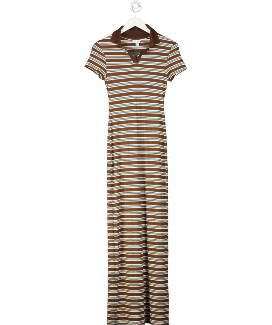 Topshop Maxi Stripe Polo Dress In Chocolate Brown UK S