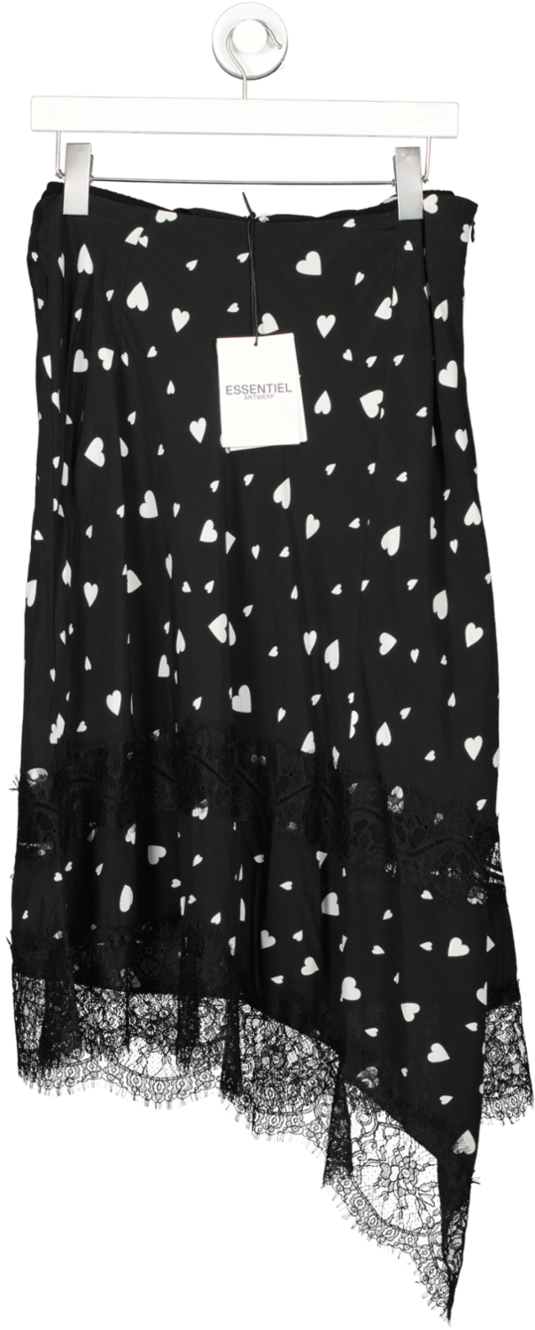 Essentiel Antwerp Black Asymmetric Heart Print Lace Trim Skirt UK 10