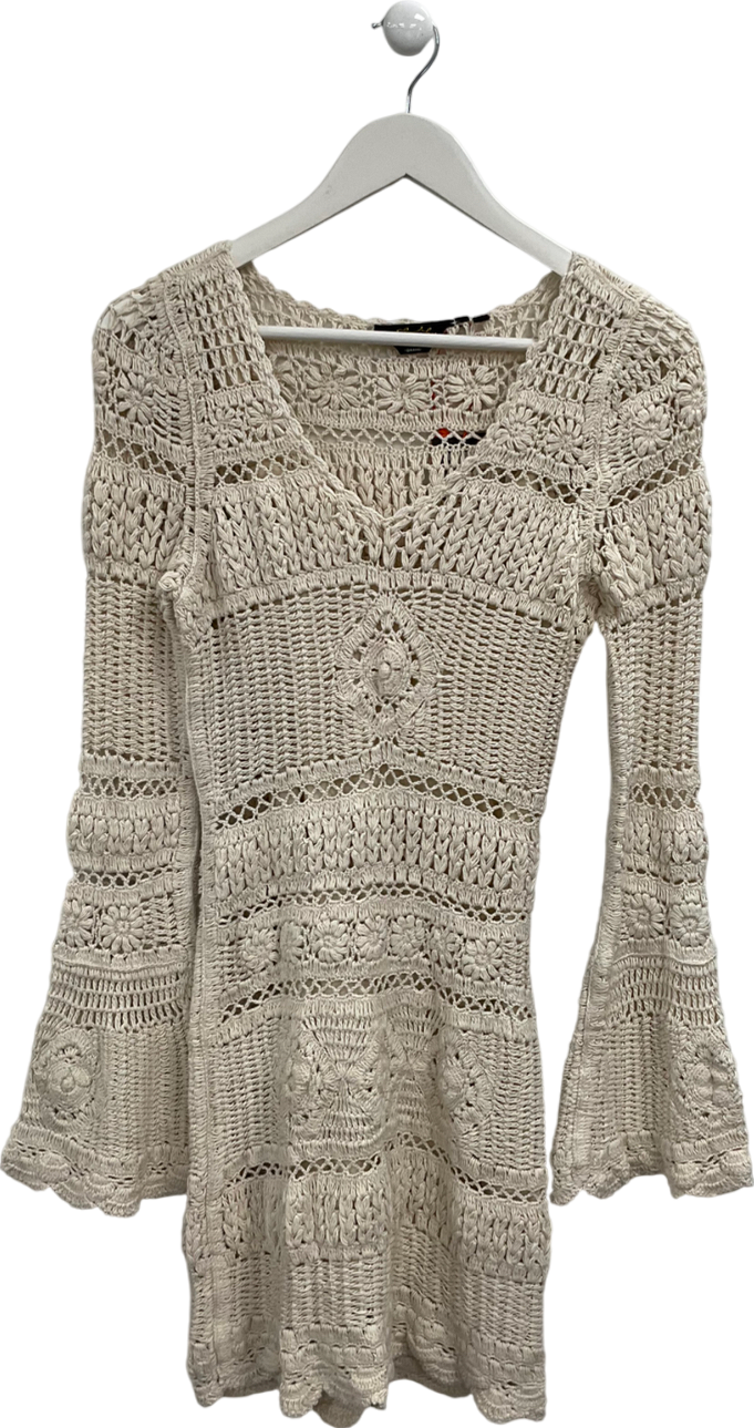 Superdry Cream Crochet Flare Sleeve Mini Dress UK XS/S